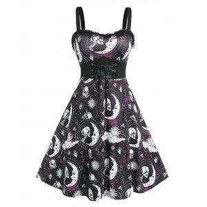 

Plus Size Skull Moon Sun Lace Up A Line Dress, Purple