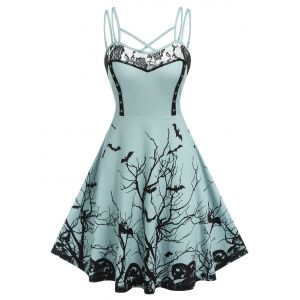 

Branches Bats Print Lace Insert Dress, Light green