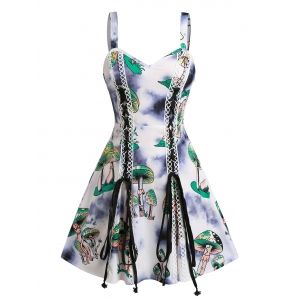

Sleeveless Mushroom Tie Dye Print Lace-up Dress, Gray