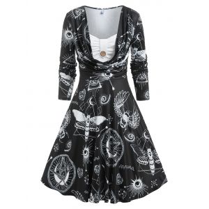 

Sun Moon Star Dragonfly Print Draped Faux Twinset Dress, Black