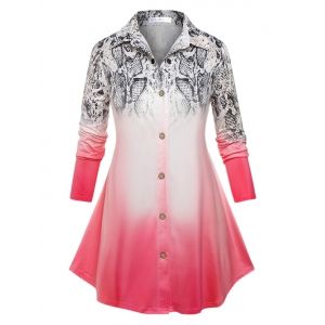 

Plus Size Ombre Snake Print Button Up Tunic Shirt, Light pink