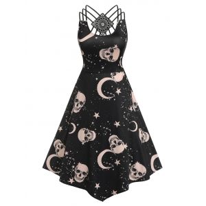 

Plus Size Halloween Moon Skull Print Midi Dress, Black