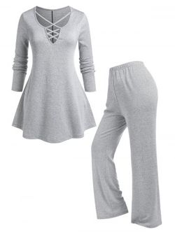 Plus Size Crisscross T-shirt and Pants Pajamas Set - LIGHT GRAY - 2X