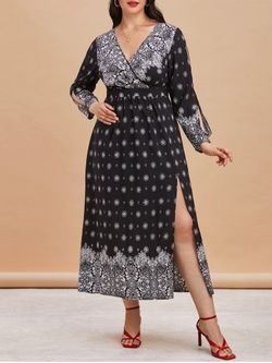 Split Sleeve Thigh Slit Printed Plus Size Surplice Dress - BLACK - 2X