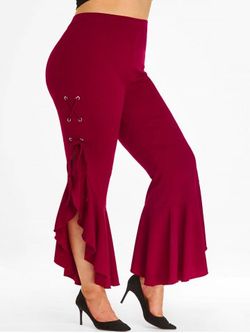 Lace Up Side Ruffles Plus Size Flare Pants - DEEP RED - 5X