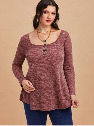 Plus Size Rib-knit Button Placket Heathered Long Sleeve Tunic Top