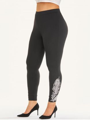 Plus Size & Curve Feather Patched Side Basic Leggings