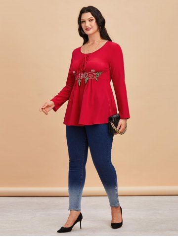 Plus Size Lace Up Flower Applique T Shirt