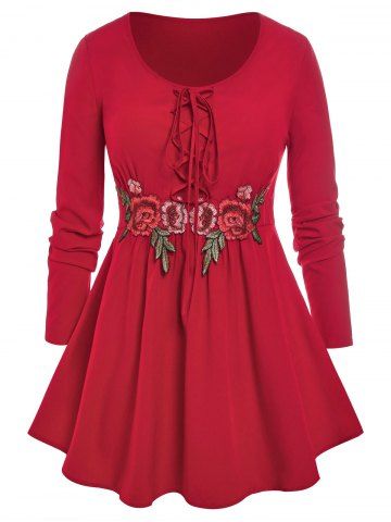 Plus Size Lace Up Flower Applique T Shirt