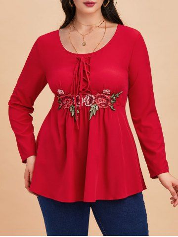 Plus Size Lace Up Flower Applique T Shirt - RED - 4X