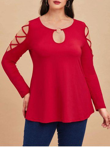Plus Size Ring Keyhole Cutout Lattice Cold Shoulder Tunic Top - DEEP RED - L