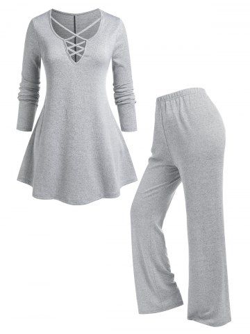 Plus Size Crisscross T-shirt and Pants Pajamas Set - LIGHT GRAY - 1X