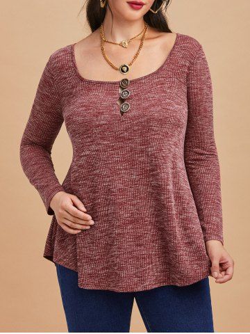 Plus Size Rib-knit Button Placket Heathered Long Sleeve Tunic Top - DEEP RED - 3X