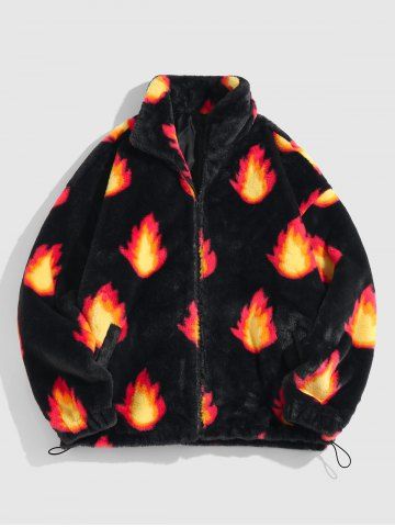 Flame Pattern Faux Fur Fluffy Jacket - BLACK - L