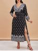 Split Sleeve Thigh Slit Printed Plus Size Surplice Dress -  