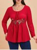 T-shirt Applique Fleur Grande Taille à Lacets - Rouge 5X