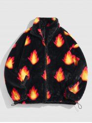 Flame Pattern Faux Fur Fluffy Jacket -  