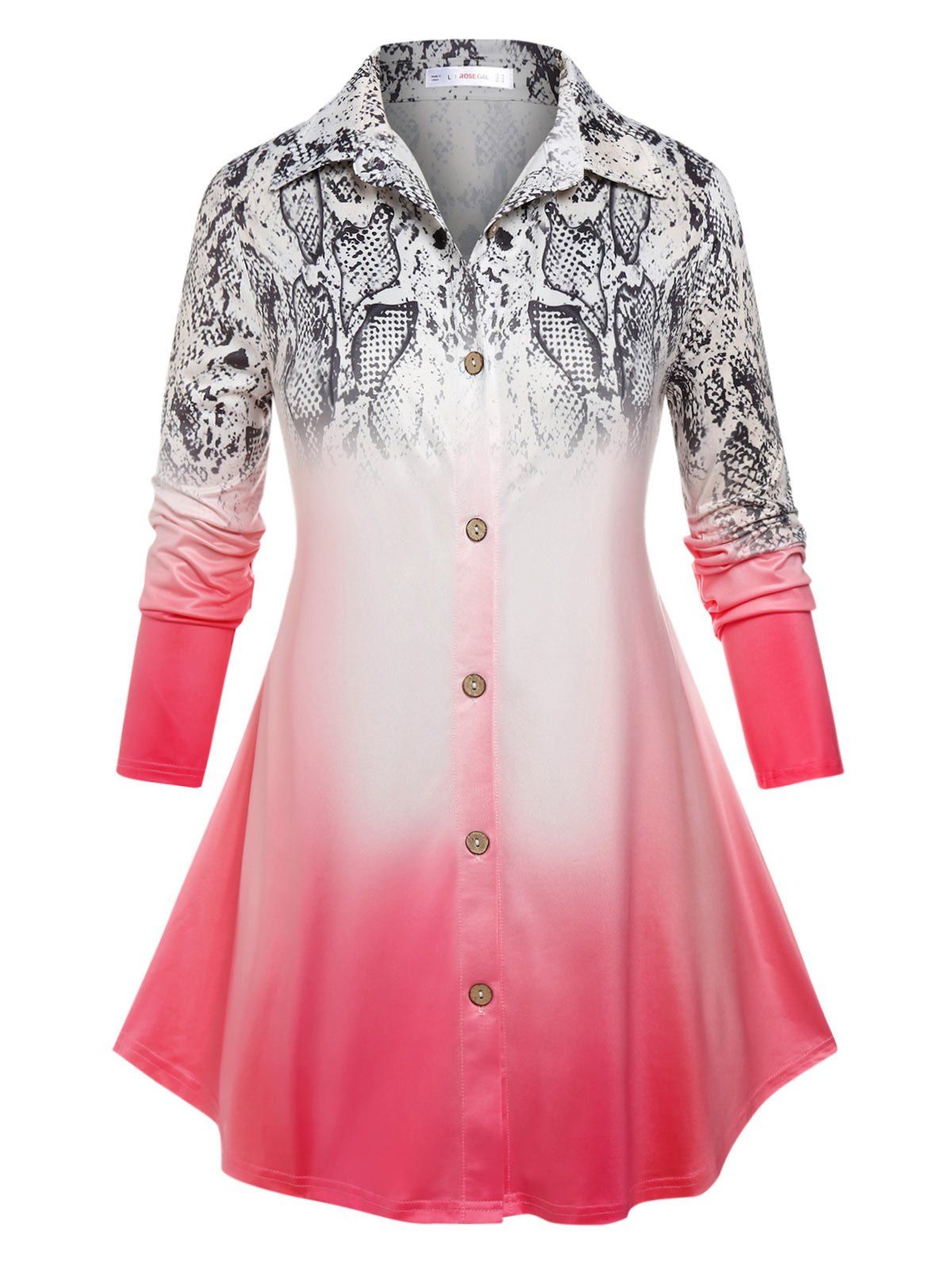 Discount Plus Size Ombre Snake Print Button Up Tunic Shirt  