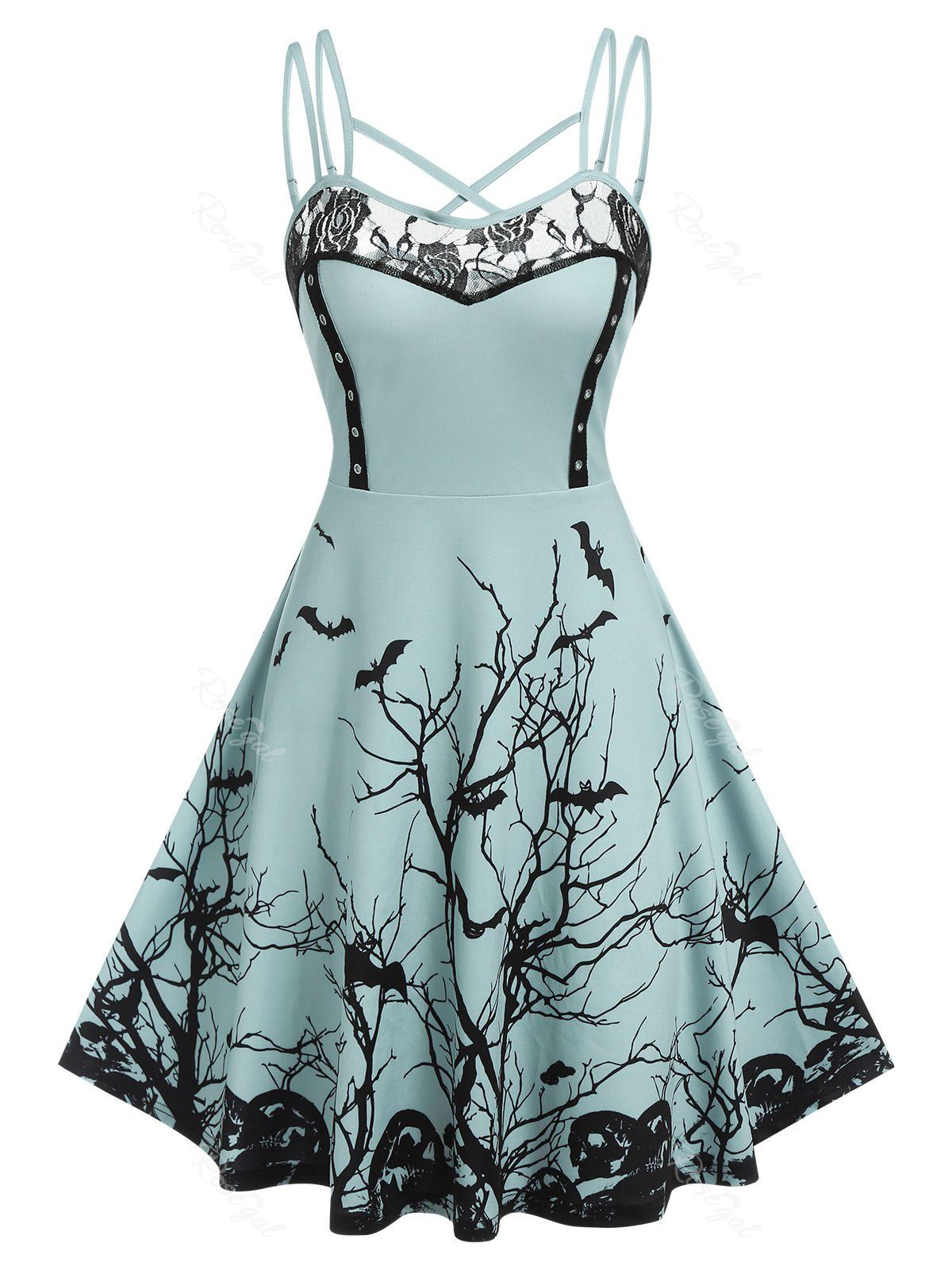 Buy Branches Bats Print Lace Insert Dress  