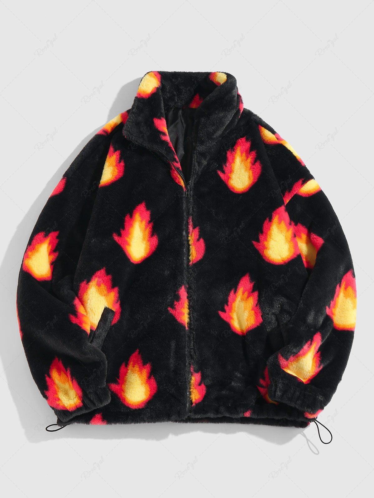 Discount Flame Pattern Faux Fur Fluffy Jacket  