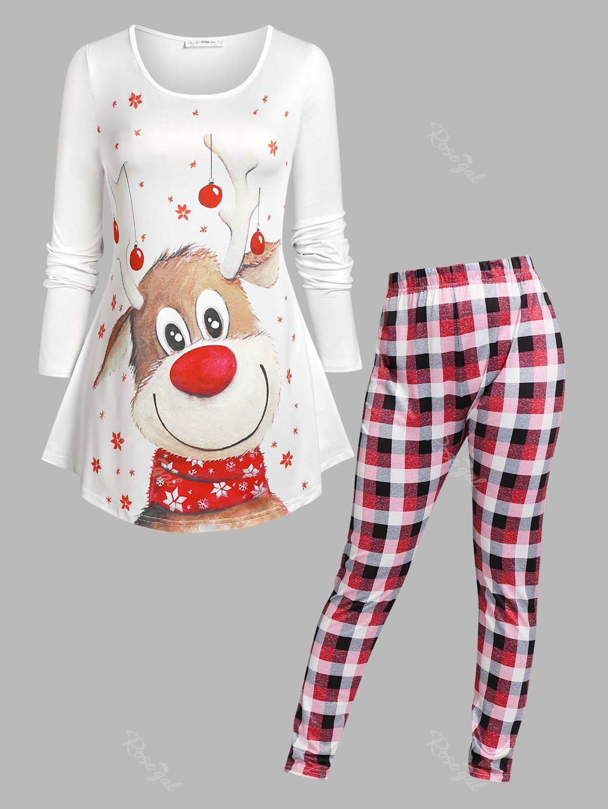 Affordable Plus Size Elk Print Plaid Christmas Pajamas Set  