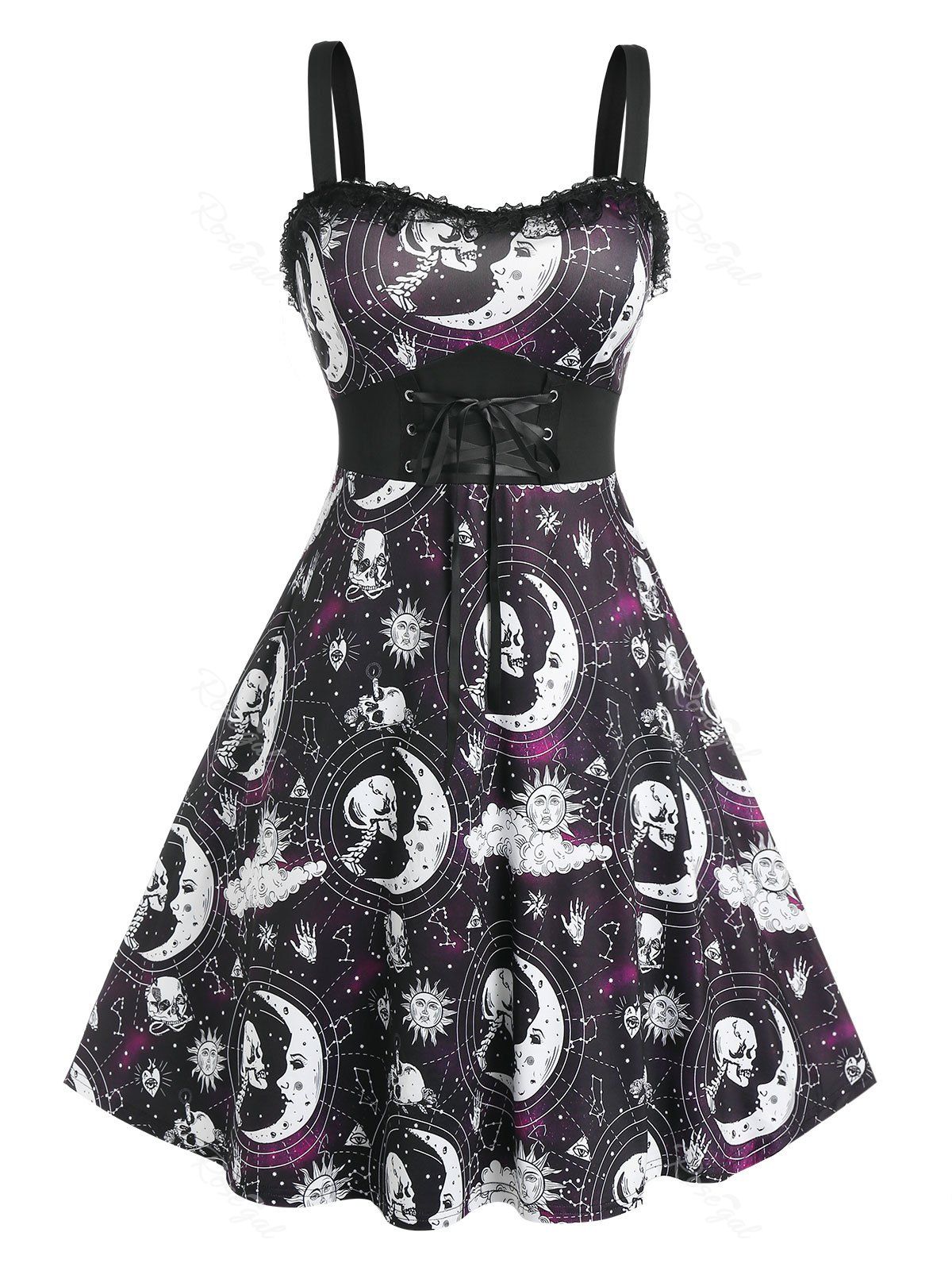 New Plus Size Skull Moon Sun Lace Up A Line Dress  
