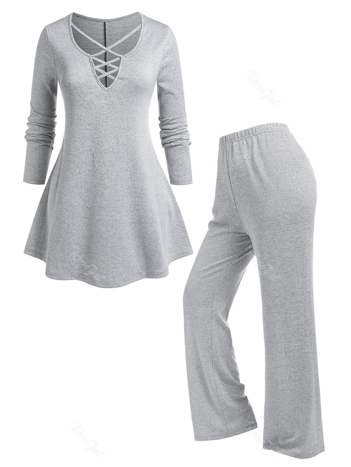 Fashion Plus Size Crisscross T-shirt and Pants Pajamas Set  