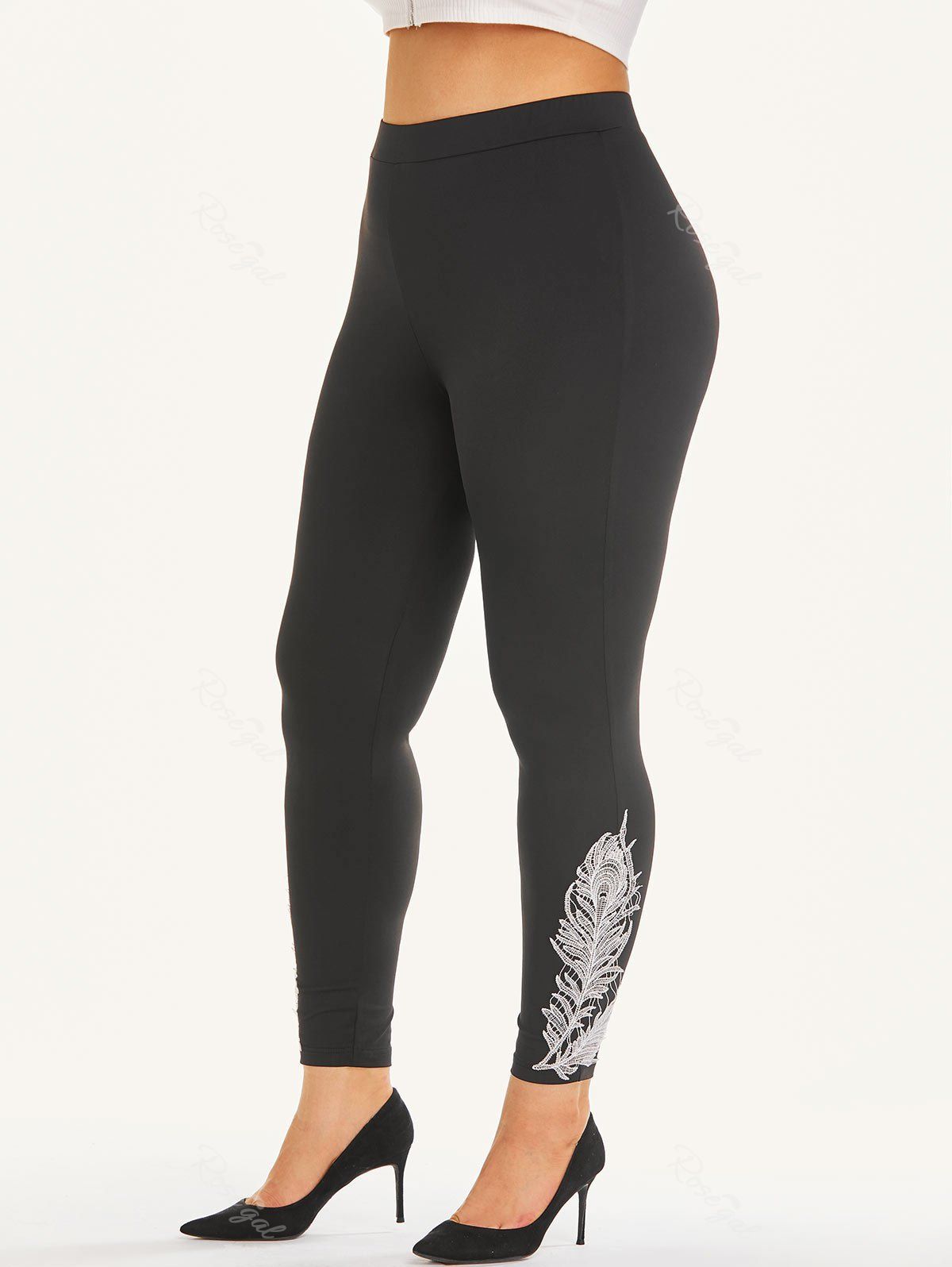 Cheap Plus Size & Curve Feather Patched Side Basic Leggings  