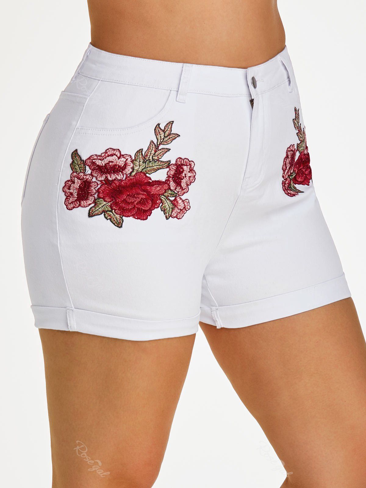 Unique Plus Size Floral Applique High Rise Cuffed Shorts  