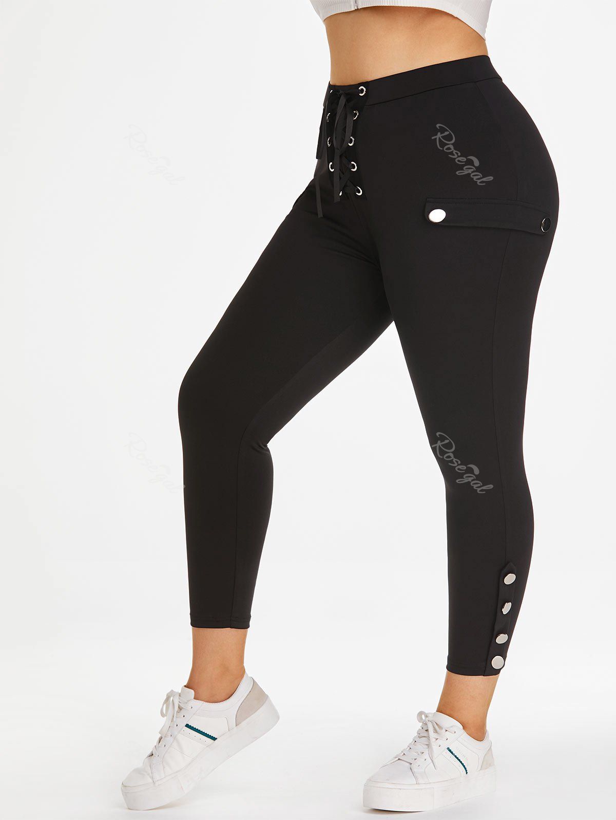 Pantalon Métal avec Bouton de Grande Taille à Lacets Noir 5X