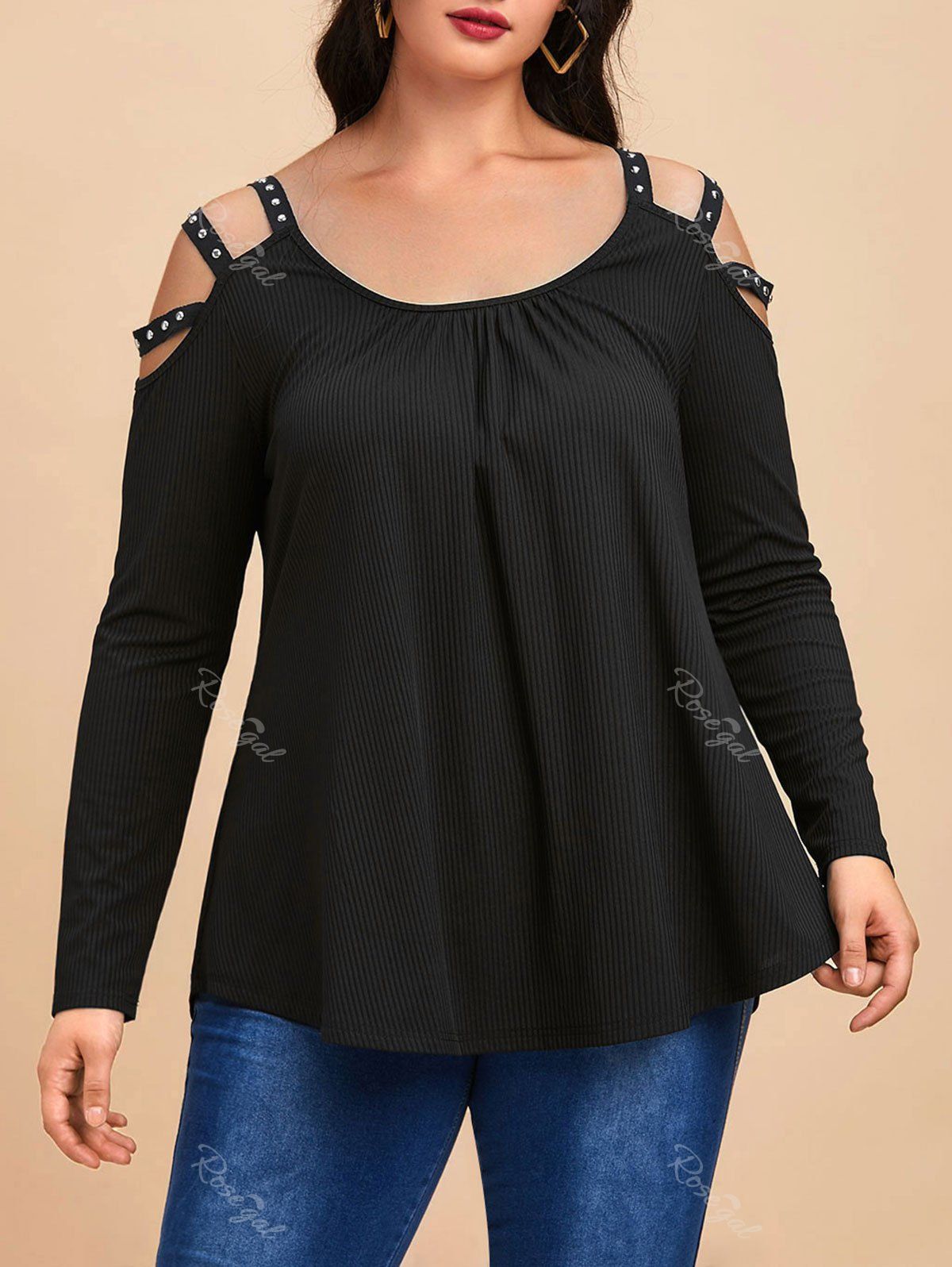 Fancy Plus Size Studded Ribbed Cutout Curved Hem Tunic Gothic Tee  