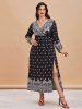 Split Sleeve Thigh Slit Printed Plus Size Surplice Dress -  