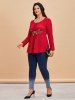 T-shirt Applique Fleur Grande Taille à Lacets - Rouge 3X