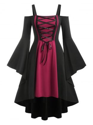 Plus Size Gothic Colorblock Lace Up Bell Sleeve High Low Midi Dress