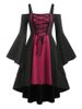 Plus Size Gothic Colorblock Lace Up Bell Sleeve High Low Midi Dress -  