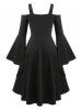 Plus Size Gothic Colorblock Lace Up Bell Sleeve High Low Midi Dress -  