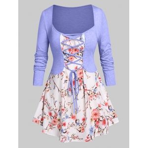 

Plus Size Floral Print Lace Up 2 in 1 T-shirt, Light purple