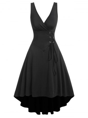 Vestido Cuello Escotado Cintura Alta Baja - BLACK - L