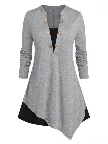 Plus Size Asymmetric Two Tone Buttoned Jersey Tee
