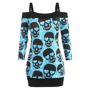 

Plus Size Halloween Skull Print Cold Shoulder Blouson T Shirt, Green