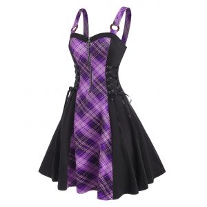 

O Ring Plaid Half Zip Lace Up Dress, Purple