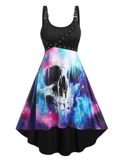 Buckled Straps Eyelets Skull Print Halloween Dress - BLACK - XL