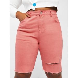 

Plus Size Ripped Colored Denim Shorts, Light orange