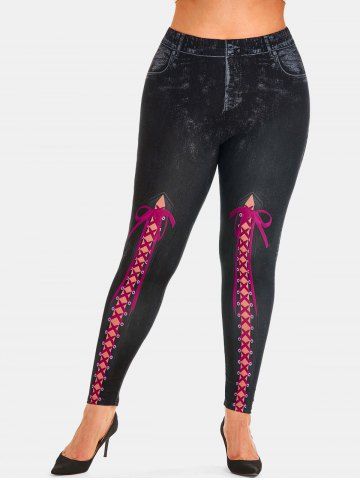 Plus Size 3D Lace-up Print High Waisted Jeggings