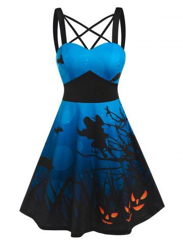 Halloween Pumpkin Bats Print Strappy Sleeveless Dress - BLUE - XXXL