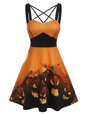 Halloween Pumpkin Print Sleeveless Strappy Dress