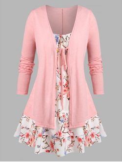 Plus Size Front Tie Floral Print 2 in 1 Tee - PINK - 3X