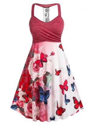 Plus Size Floral Butterfly Print Crossover Dress