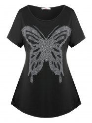 T-Shirt à Manches Chauve-Souris avec Strass Motif Papillon Grande-Taille - Noir 1X