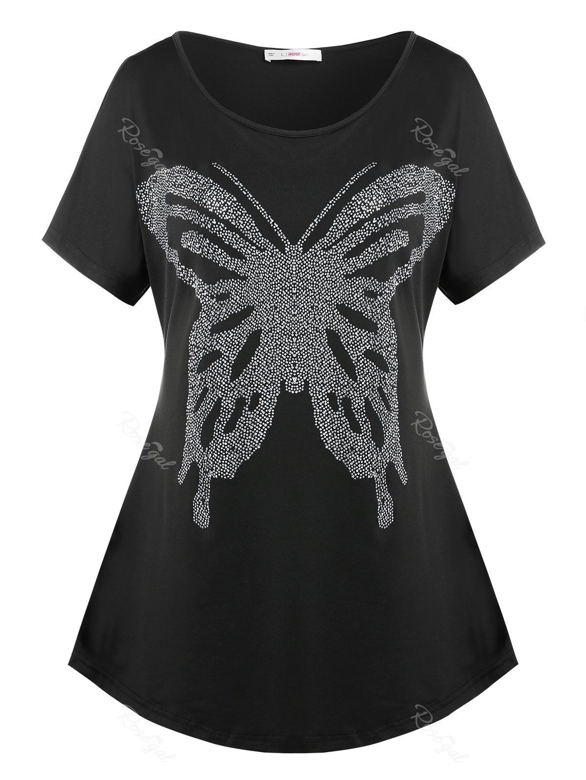 T-Shirt à Manches Chauve-Souris avec Strass Motif Papillon Grande-Taille Noir 2X
